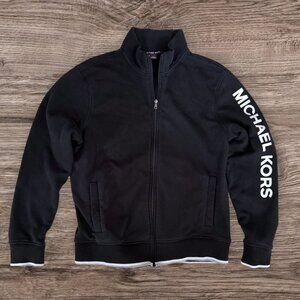 MICHAEL KORS Black Full Zip Up Spellout Logo Sleeve Sweatshirt Mock Crew Neck L